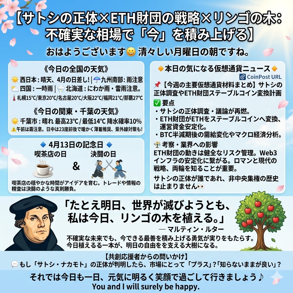 m_3721_mori's tweet image. 【サトシの正体 × ETH財団の戦略 × リンゴの木：不確実な相場で「今」を積み上げる】
　
#仮想通貨 #BTC #CryptoNews #ETH #ビットコイン #サトシナカモト #イーサリアム #今日の積み上げ #おは戦 #共創応援
　
おはようございます😃