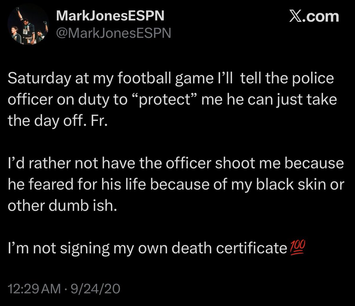burackbobby_'s tweet photo. I would like to congratulate @MarkJonesESPN on, against all odds, finishing out his career and evading the racist stadium police officer who were trying to shoot him dead.

(He deleted the last tweet.) https://t.co/Ig8qR7OuuV