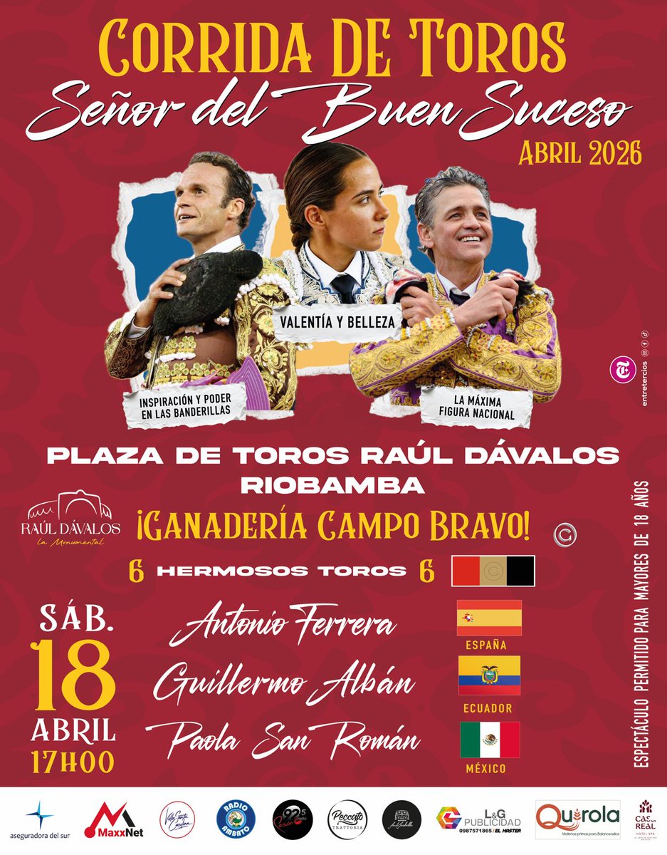 jqteleamazonas's tweet photo. 🐂 #Riobamba | Este 18 de abril, 17h00, vuelve la Corrida “Señor del Buen Suceso” en la Plaza Raúl Dávalos. Con Antonio Ferrera, Guillermo Albán y Paola San Román. 6 toros de Campo Bravo 🔥 ¡Valentía y tradición! 🎟️ +18 https://t.co/I7bczEIqqk