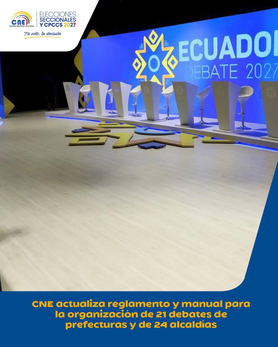 #Elecciones2027Ec y de #CPCCS🗳️🇪🇨
#CNE actualiza el reglamento y el manual para la organización de 21 debates para prefecturas y 24 para alcaldías.
Más detalles en el siguiente enlace.
👇
bit.ly/ManualDebates2…