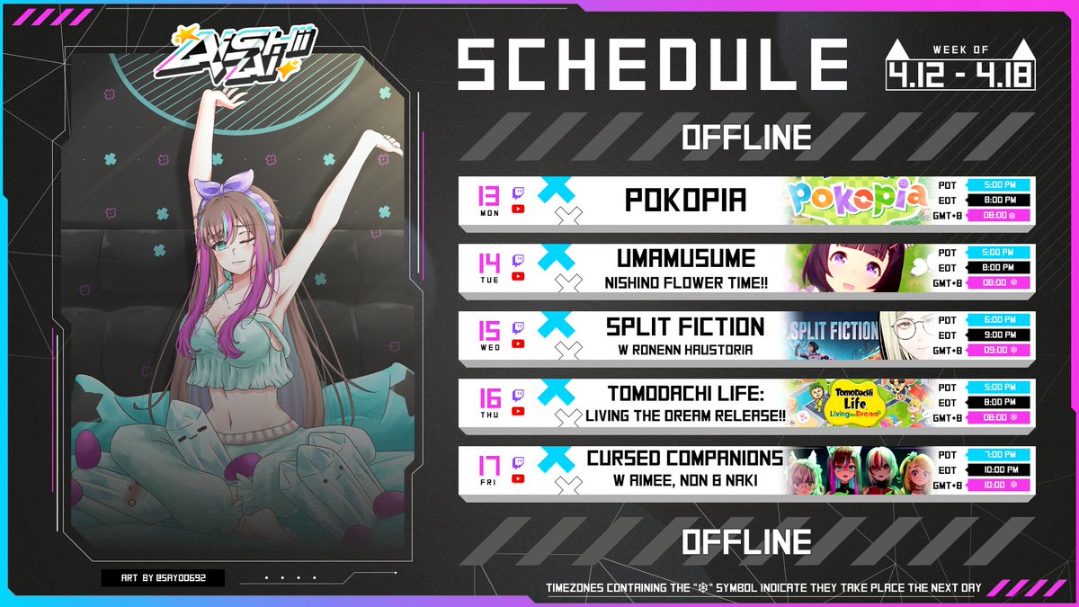AishiiAi's tweet photo. 🤍Schedule for April 12th - 18th❄️

【Info &amp; Tags】

Youtube❤️:https://t.co/Ry2Q6HYdOP
Twitch💜: https://t.co/XooQo3G0ug

Live/General: #AishiiTime &amp; #AiCatching
Fanart: #AiLoveYou
Memes: #AiCaramba
Clips: #AishiiYou
NSFW: #YabAishii

↓ References &amp; additional info below ↓ https://t.co/AgqdWGYv1Z