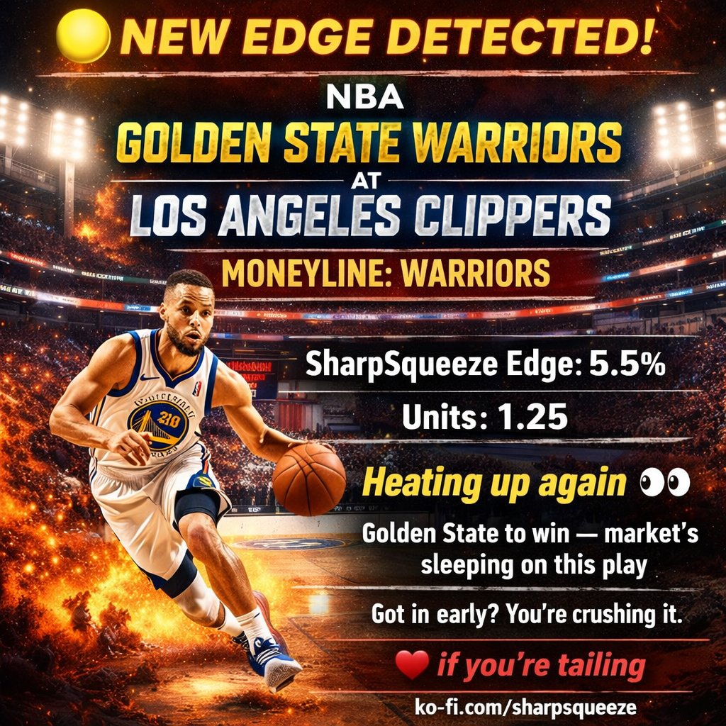 SharpSqueeze's tweet photo. 🟡 New edge detected

NBA
Golden State Warriors at Los Angeles Clippers
Moneyline: Warriors
SharpSqueeze Edge: 5.5%
Units: 1.25

This is a spot play, not a public one. Record looks ugly, line still giving respect. That’s where the edge lives.
Market is pricing surface level, model is hitting deeper.

If this flips late, you already know why.