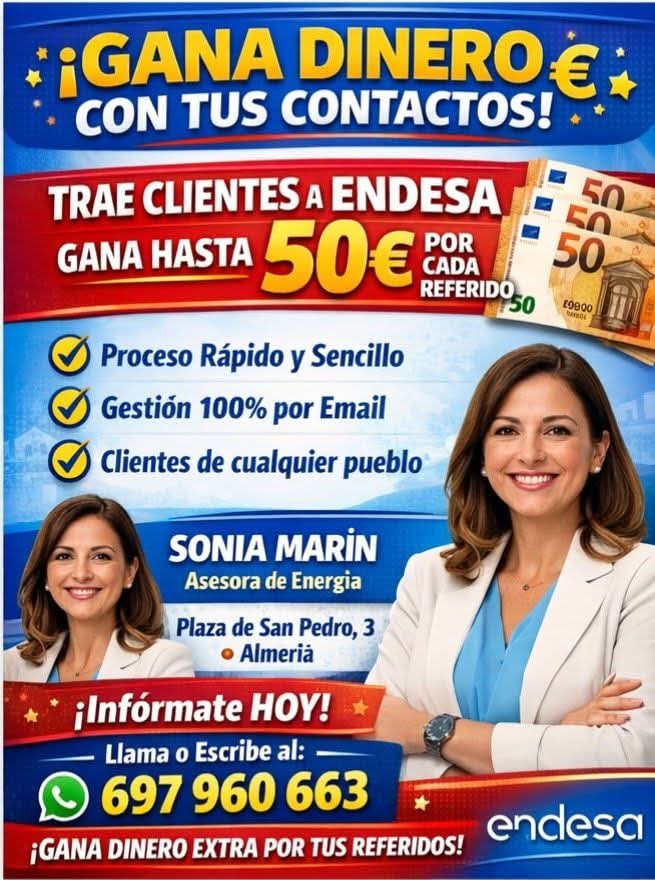 soniamarin78's tweet photo. 🚀💼 ¡GANA DINERO CON TUS CONTACTOS! 💼🚀

👉 ¡TRÁELOS A ENDESA Y GANA DESDE 50€ POR CADA UNO! 

📲 ¿Quieres recibir las condiciones?
Llama o escríbeme por WhatsApp:
👉 697 960 663

👩‍💼 Estamos PDV  Endesa
📍 Plaza de San Pedro, 3 – Almería https://t.co/10B0KHNpPu