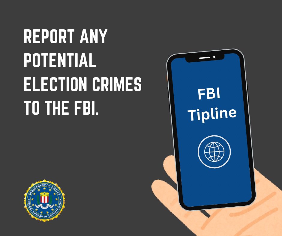 The FBI Tip Line is open. If someone is threatening or intimidating you to prevent you from voting, report it immediately. These are federal crimes and will be prosecuted to the fullest extent of the law under the United States Department of Justice.