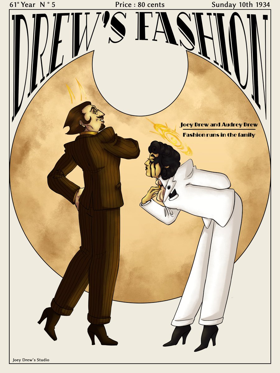 Magazine - Joey Drew and Audrey Drew
Fashion runs in the family !

Continuing with the fake magazine pages !
#Bendy #BATIM #BATDR #Bendyfanart #AudreyDrew #JoeyDrew