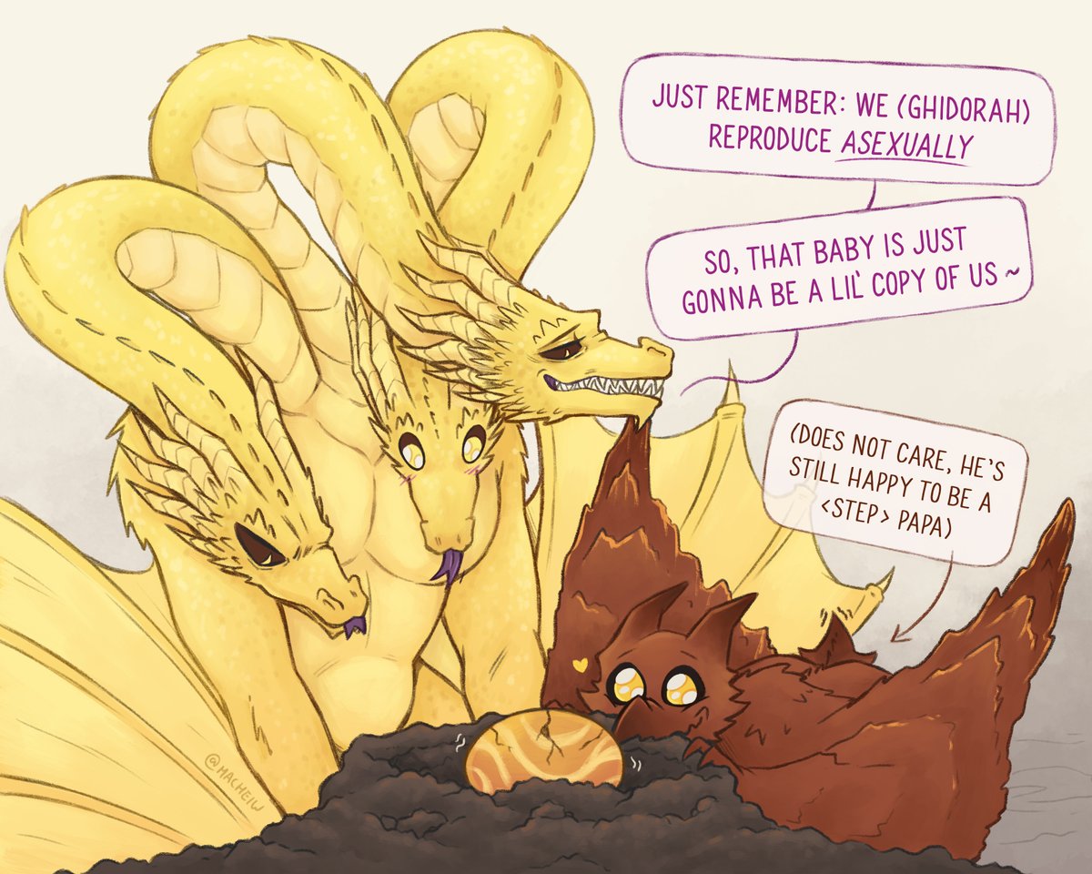 Macheiw's tweet photo. Ghido's amazing discovery [part 1/3] 🪺

In case anybody is a bit confused, my Ghido  technically can reproduce by parthenogenesis... 🤔 welp, they 𝙖𝙡𝙨𝙤 never had an actual partner before soooo.... life's got a lil' surprise for them lol 

#rodorah #kingghidorah #rodan https://t.co/vFz0Afmwxj