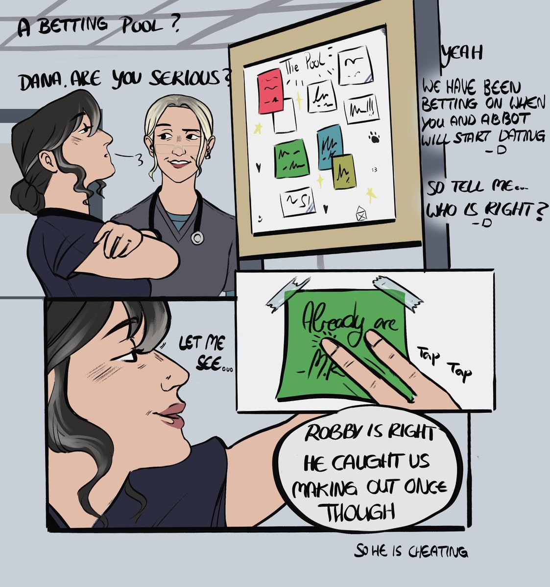 WhineBlu's tweet photo. Gwen finding out half the ED has a betting pool on her and Dr. Abbot. 

#thepitt #fanart #art #pittoc https://t.co/15LDUBa5WW