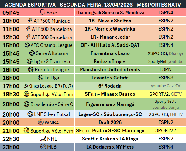 A agenda esportiva desta SEGUNDA-FEIRA (13/04/2026)