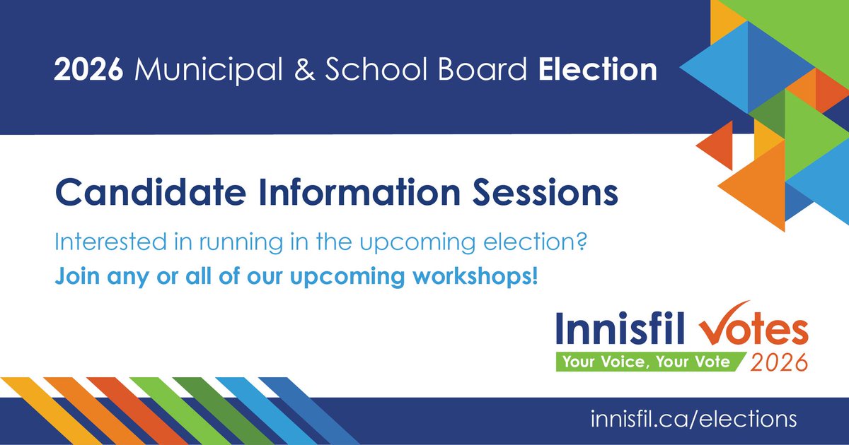 townofinnisfil's tweet photo. Ever thought about running for local office? 🗳️ Join one (or all!) of our candidate info sessions:
🗓️ April 16 | 6 pm | Sandycove Acres (The Wheel)
🗓️ May 4 | 5:30 pm | Town Hall or Online
🗓️ May 21 | 6:30 pm | Town Hall or Online

Sign up: https://t.co/KjvZHIdcN0 https://t.co/NVk2rQkifS