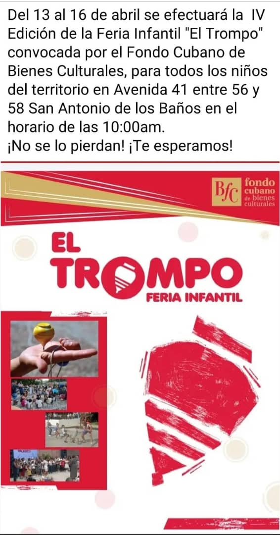 Feria del Trompo en #SanAntoniodelosBaños iniciará este 13 de abril y hasta el 16 de abril. 
<a href="/Ariguanabo105_3/">Radio Ariguanabo</a>