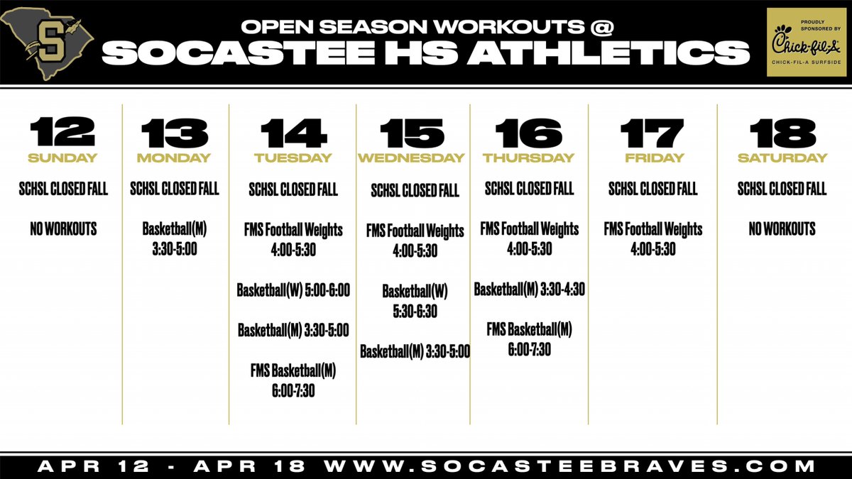 SocasteeHS's tweet image. Socastee Athletics 4/14/26 🏡🎟️socasteebraves.com/game-day-ticke…
SHSAA Corporate Sponsorships Available!
4/18 FREE CMC Physicals @ St James 10:00-12:00
Jr Braves Camp Registration Open!!
#GoldBlooded #Finish