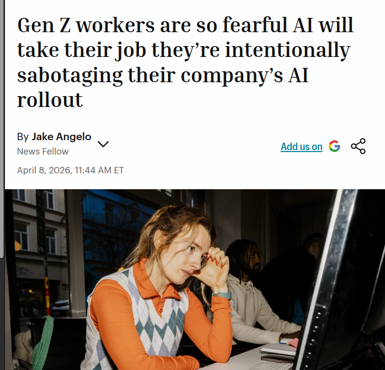 rohanpaul_ai's tweet image. Fortune: The survey says 29% of workers admit sabotaging company AI plans, and that rises to 44% for Gen Z.

Companies are finding that AI rollout is colliding with a basic workplace fact: people resist tools they think will erase their role.

That sabotage ranges from ignoring