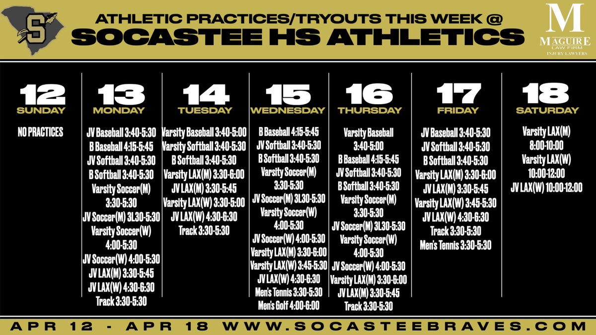 SocasteeHS's tweet image. Socastee Athletics 4/18/26 🏡🎟️socasteebraves.com/game-day-ticke…
SHSAA Corporate Sponsorships Available!
4/18 FREE CMC Physicals @ St James 10:00-12:00
Jr Braves Camp Registration Open!!
#GoldBlooded #Finish