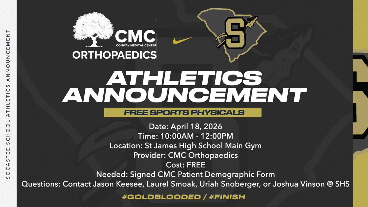 SocasteeHS's tweet image. Socastee Athletics 4/18/26 🏡🎟️socasteebraves.com/game-day-ticke…
SHSAA Corporate Sponsorships Available!
4/18 FREE CMC Physicals @ St James 10:00-12:00
Jr Braves Camp Registration Open!!
#GoldBlooded #Finish