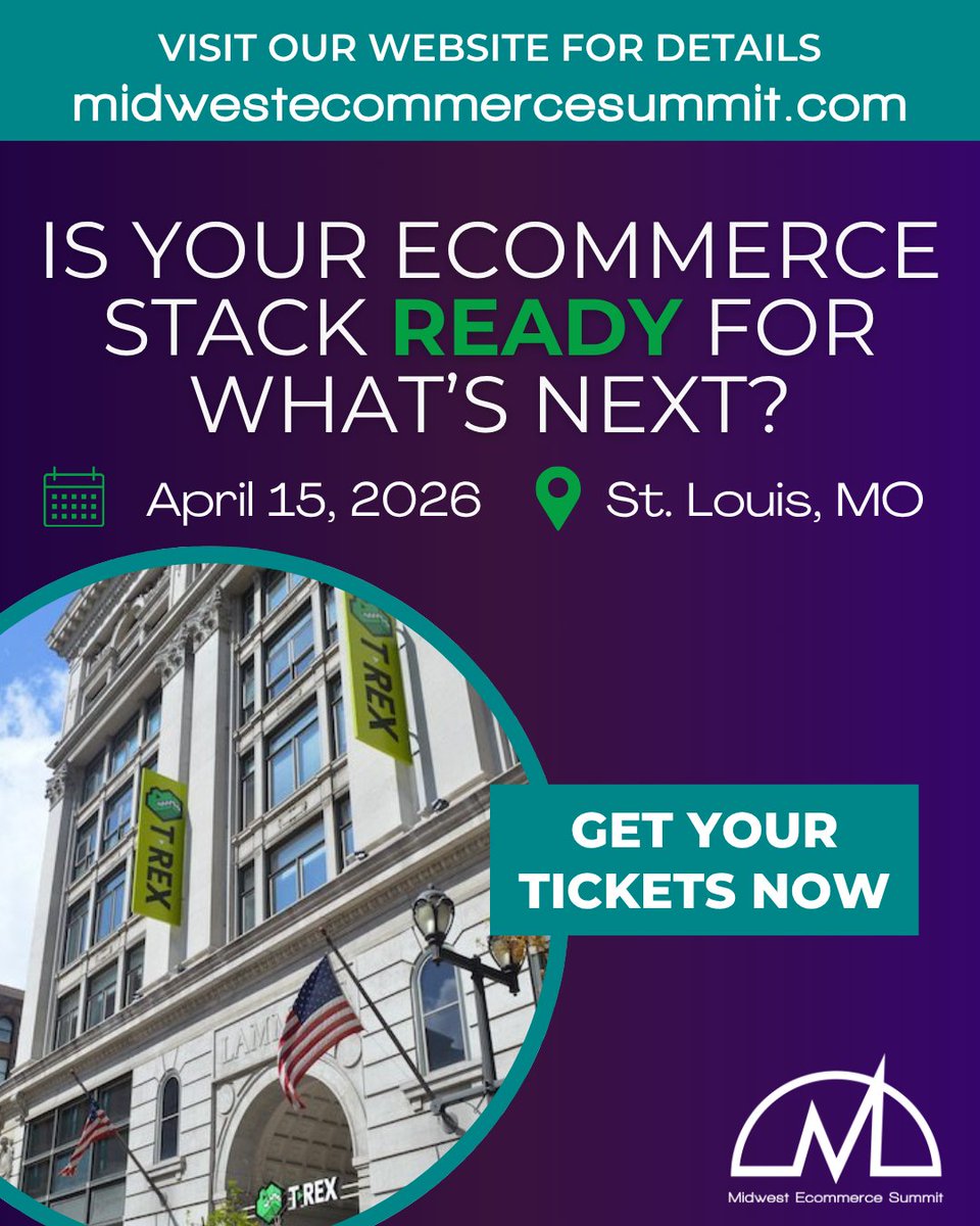 MidwestEcomSumt's tweet photo. At MES 2026, you’ll hear from the experts building the systems behind today’s fastest-growing brands.

Learn what to keep, what to change, and what’s coming next - April 15th at @T-REX  during #STLTechWeek with @TechSTLmo  We'll see you there, https://t.co/dU8bOFqF9T   👀 https://t.co/hlMORuAvSk