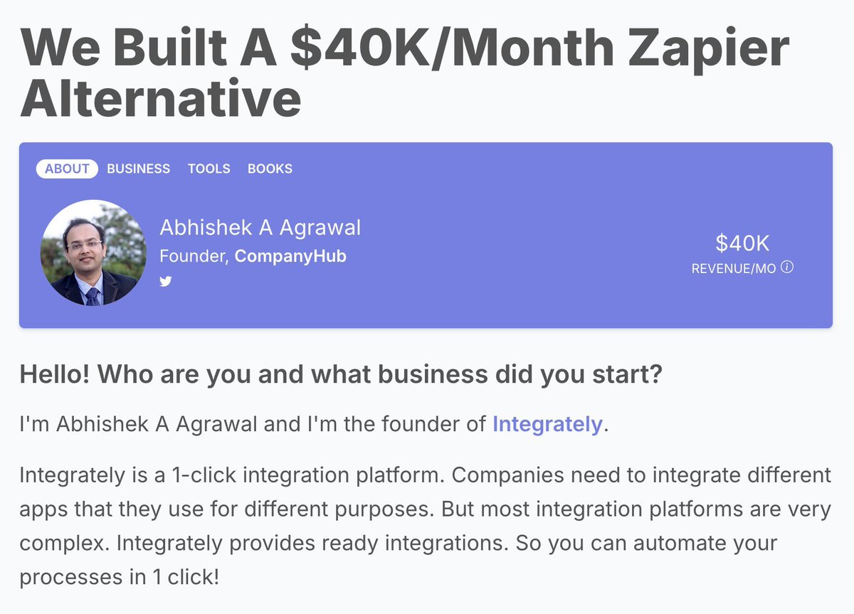 starter_story's tweet image. You can make a ton of money by just building a 70% CHEAPER alternative to any saas.

For the same plan:
– Integrately: $39/mo
– Zapier: $129/mo
