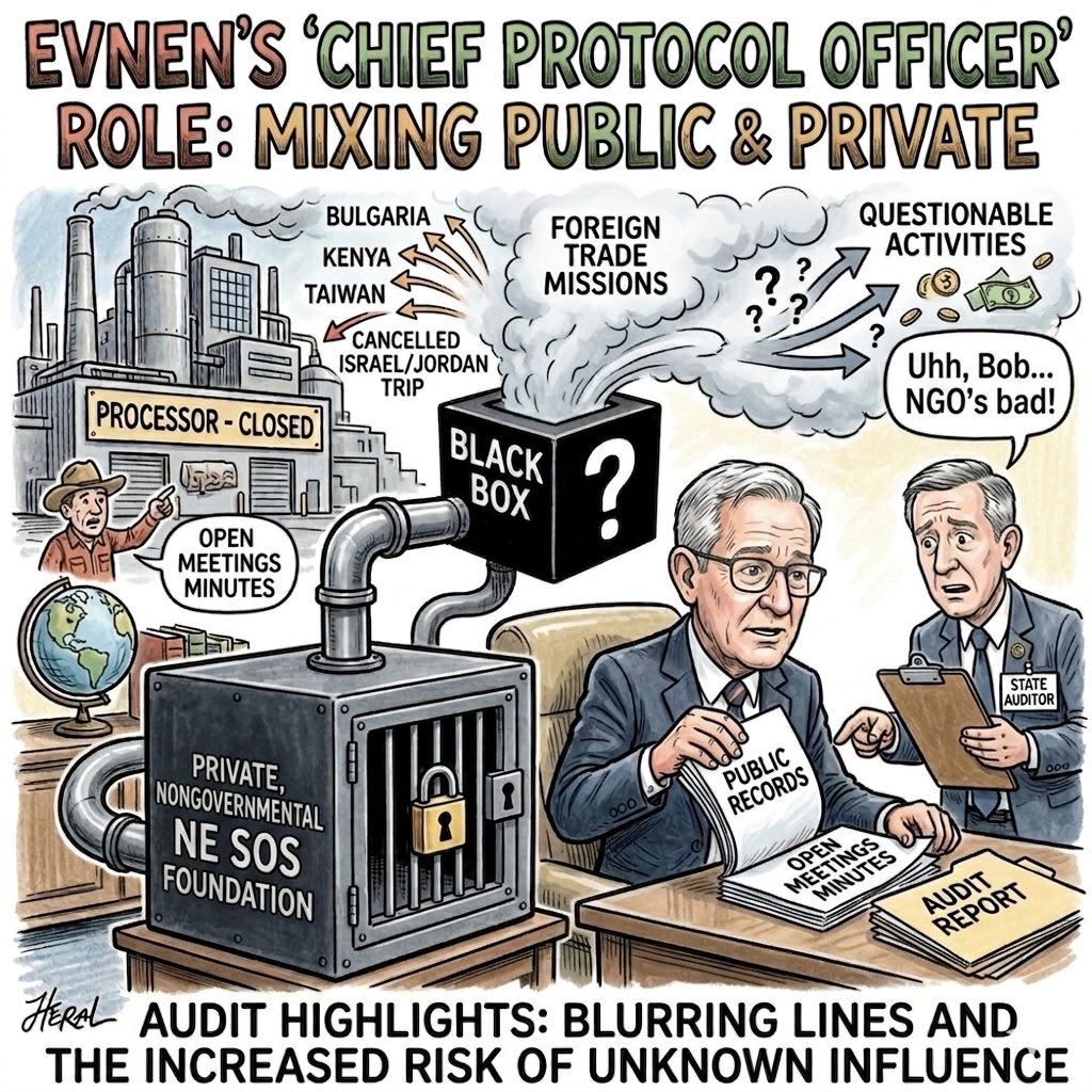NebraskaFreedom's tweet image. Evnen’s ‘Chief Protocol Officer’ role: Blurring public office with private NE SOS Foundation ‘black box.’ Auditor warns of hidden foreign influence, commingled funds &amp;amp; unknown risks. Transparency matters. Nebraska deserves better. Time for a change. #NEPol #Transparency