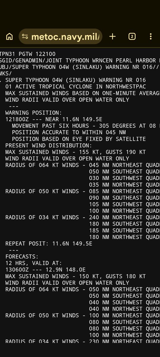 ShunsukeTodo's tweet photo. #台風4号 12時間後の数値があまり見ない値。155KTS(1分平均)最大190KTS(97.4m/s)。
4月から #スーパー台風 登場とは。
#JTWC
#Sinlaku
#SuperTypoon https://t.co/yFqmujQf9T