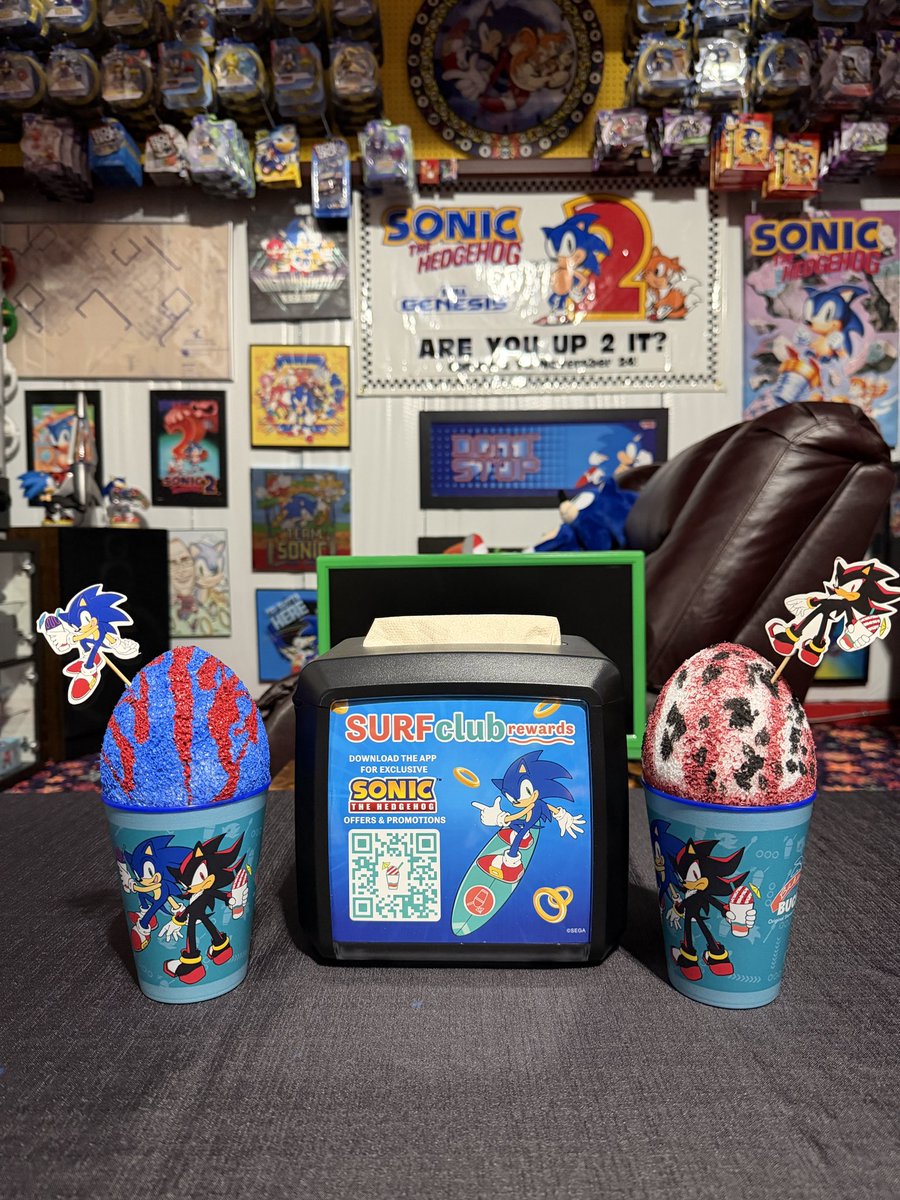1992_sonic's tweet image. Remember when @bahamabucks had the Sonic themed Sno? Our location was awesome and let me have all the promotional material! Here is a mockup of the Sonic and Shadow Sno with the napkin dispenser! #bahamabucks🍧 #sonicthehedgehog #sega #shadowthehedgehog #sonicstyles