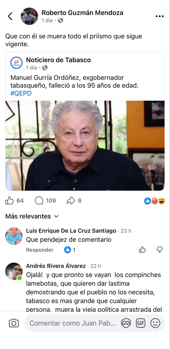 JPSibillaT's tweet photo. El PEDOTE que generó este post de Roberto Guzmán. No me extraña que él lo haya escrito a horas del fallecimiento de una persona. La gente lo conoce

Me preocupa el debate en los comentarios. Amigos que entre sí se atacan por política, por defender a los suyos, gente que quiero… https://t.co/fxqCJTii6k