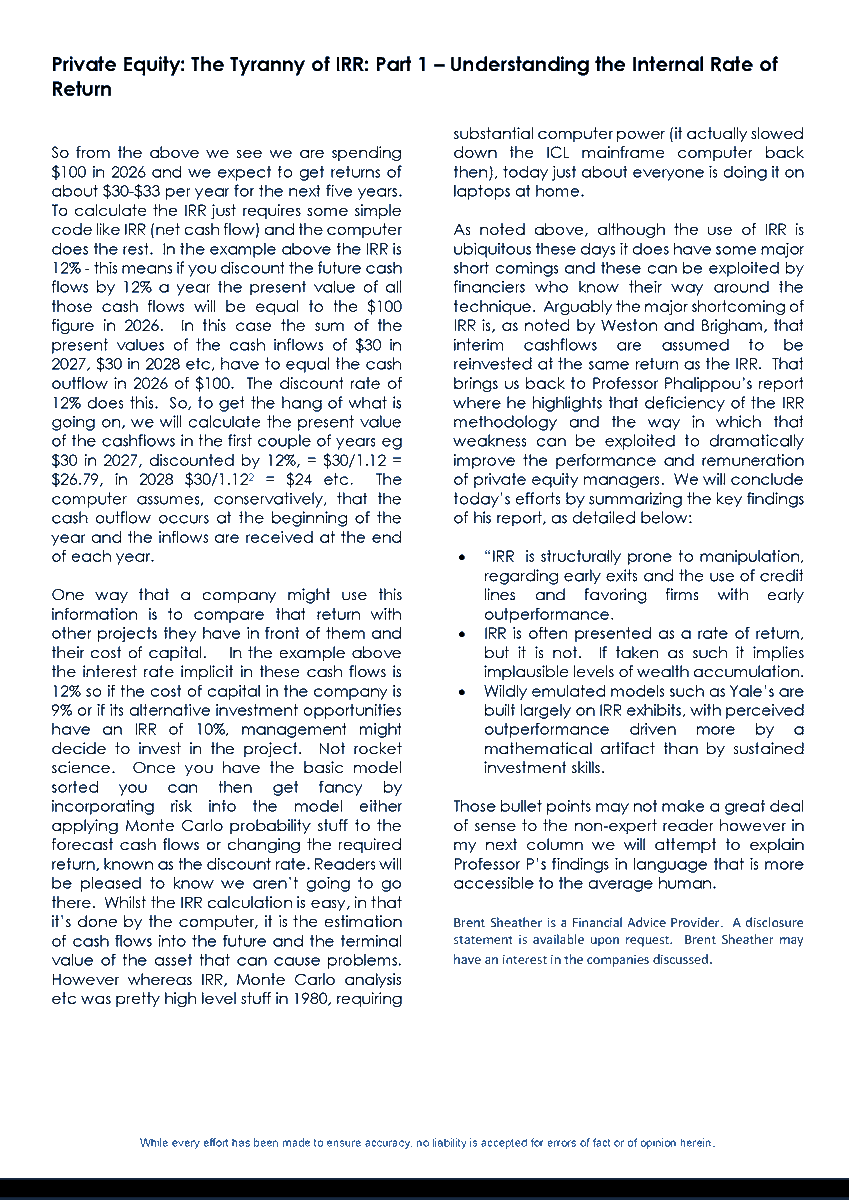 brentsheather's tweet photo. Below is my latest research: "Private Equity: The Tyranny of IRR: Part 1 – Understanding the Internal Rate of Return", which also appeared in the NBR. https://t.co/6cw3vQVXur