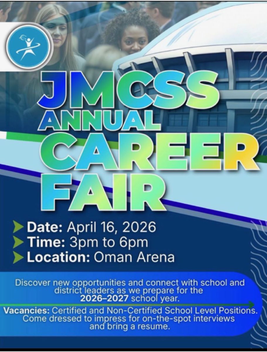 iamrlmcclain's tweet photo. JMCSS District Career Fair
📅 Date: Thursday, April 16, 2026
⏰ Time: 3:00 PM – 6:00 PM
📍 Location: The Oman Arena
The district is hiring for all positions for the 2026–2027 academic year. Come meet us and explore exciting opportunities! See you there!
#ChoseUs #theJMCSSway https://t.co/kt9jKE1n0l