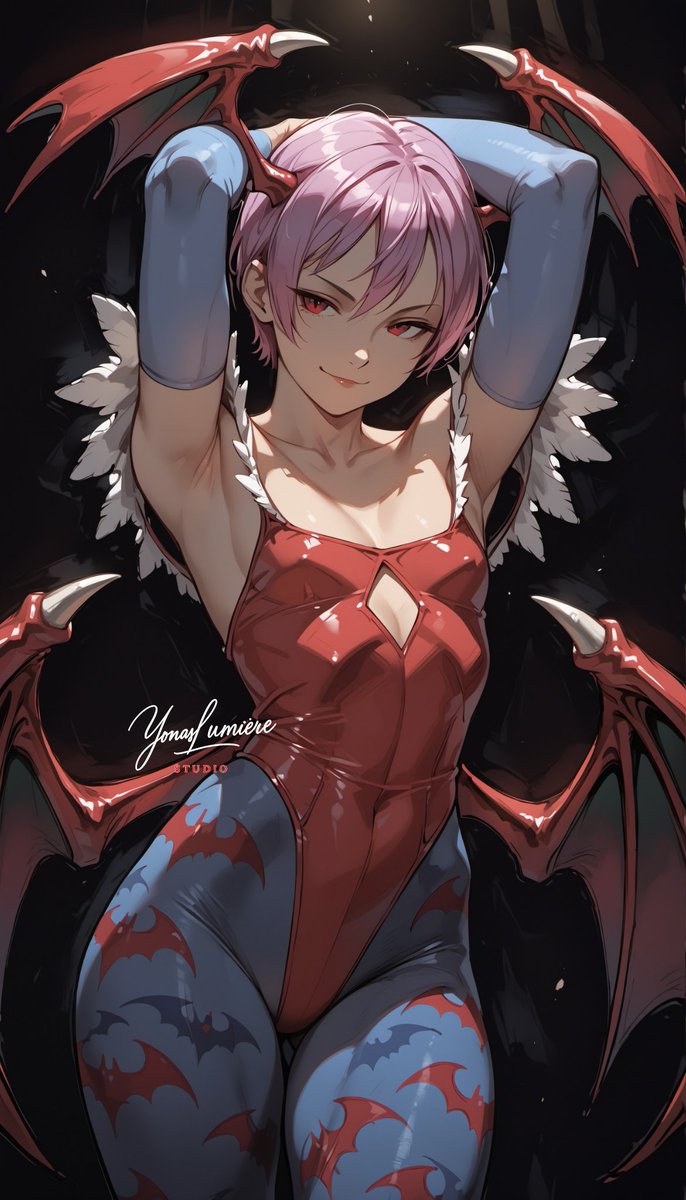 oneesan_aiart's tweet image. Lilith — playful, curious, and full of mischievous charm, she flutters through the night with a sweet smile and a hint of danger 🦇💜✨ #Lilith #Darkstalkers #aiart