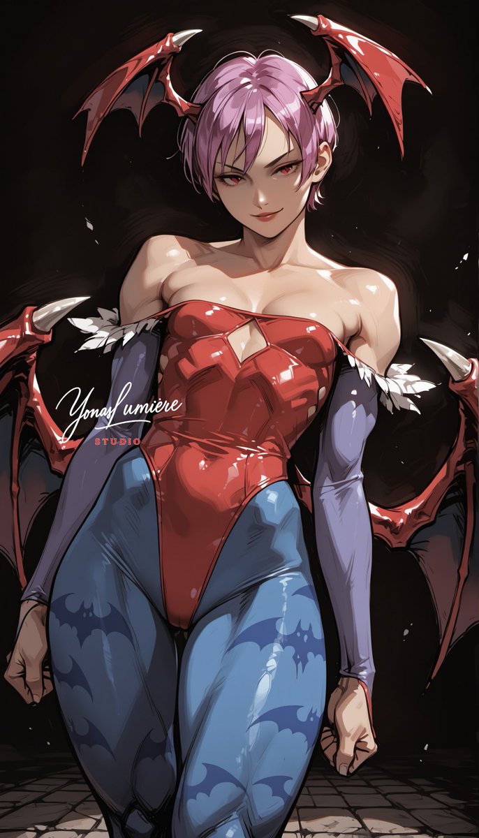 oneesan_aiart's tweet image. Lilith — playful, curious, and full of mischievous charm, she flutters through the night with a sweet smile and a hint of danger 🦇💜✨ #Lilith #Darkstalkers #aiart