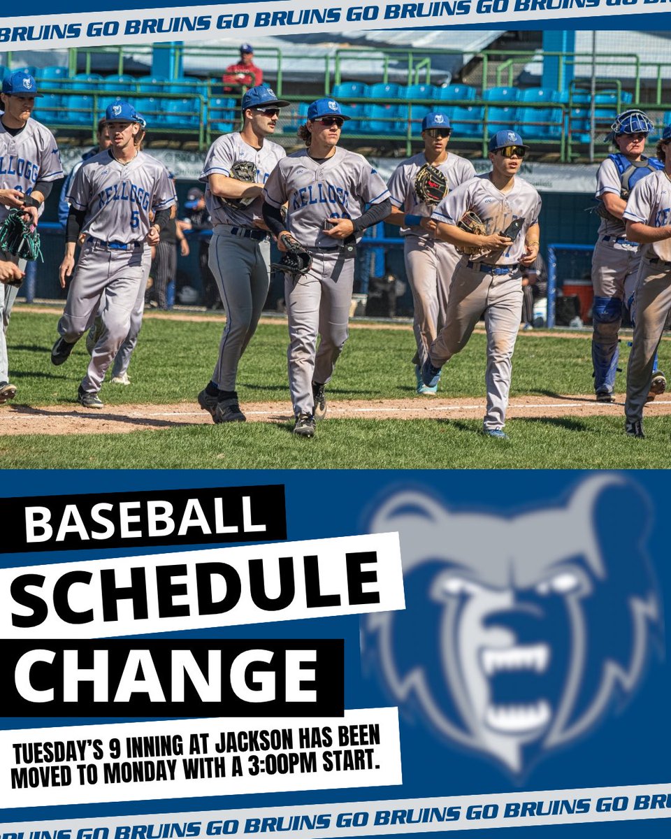 KelloggBruins's tweet image. 🚨⚾️ Baseball Schedule Update

@BaseballKellogg's 9 inning game scheduled for Tuesday at Jackson has been moved to Monday, April 13 with a 3:00PM start! 

Go Bruins! #BruCru #KCCBaseball