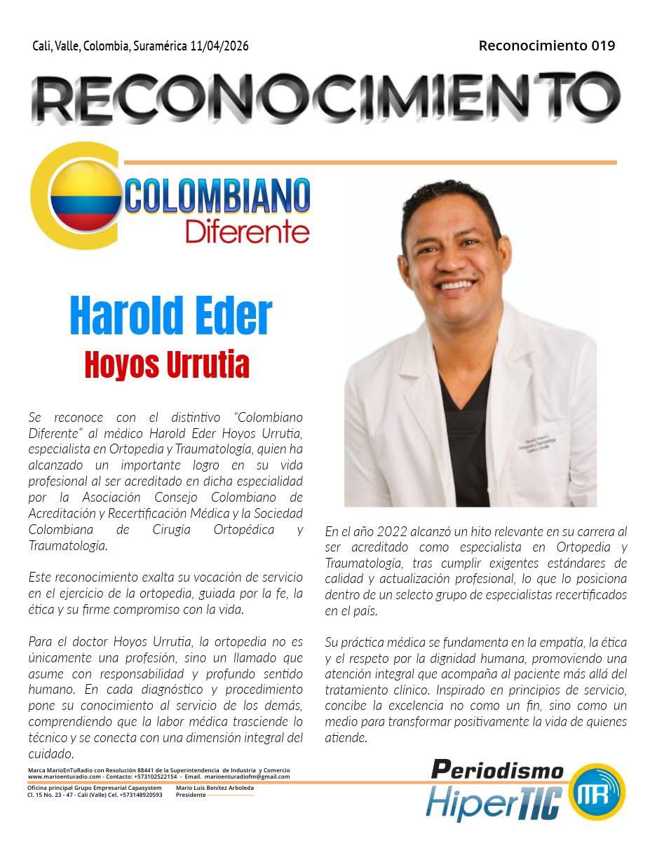 ✨ Colombiano Diferente #19 ✨ Hoy exaltamos al médico Harold Eder Hoyos Urrutia, especialista en Ortopedia y Traumatología, por su vocación de servicio en el ejercicio de la ortopedia, guiada por la fe, la ética y su firme compromiso con la vida.
