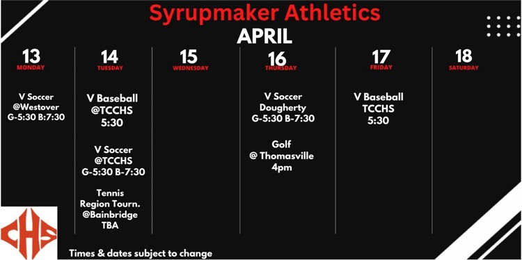 CairoHighSchool's tweet photo. Support the Syrupmakers!! 
Schedule 4/13-18 https://t.co/KMms4Bunbd
