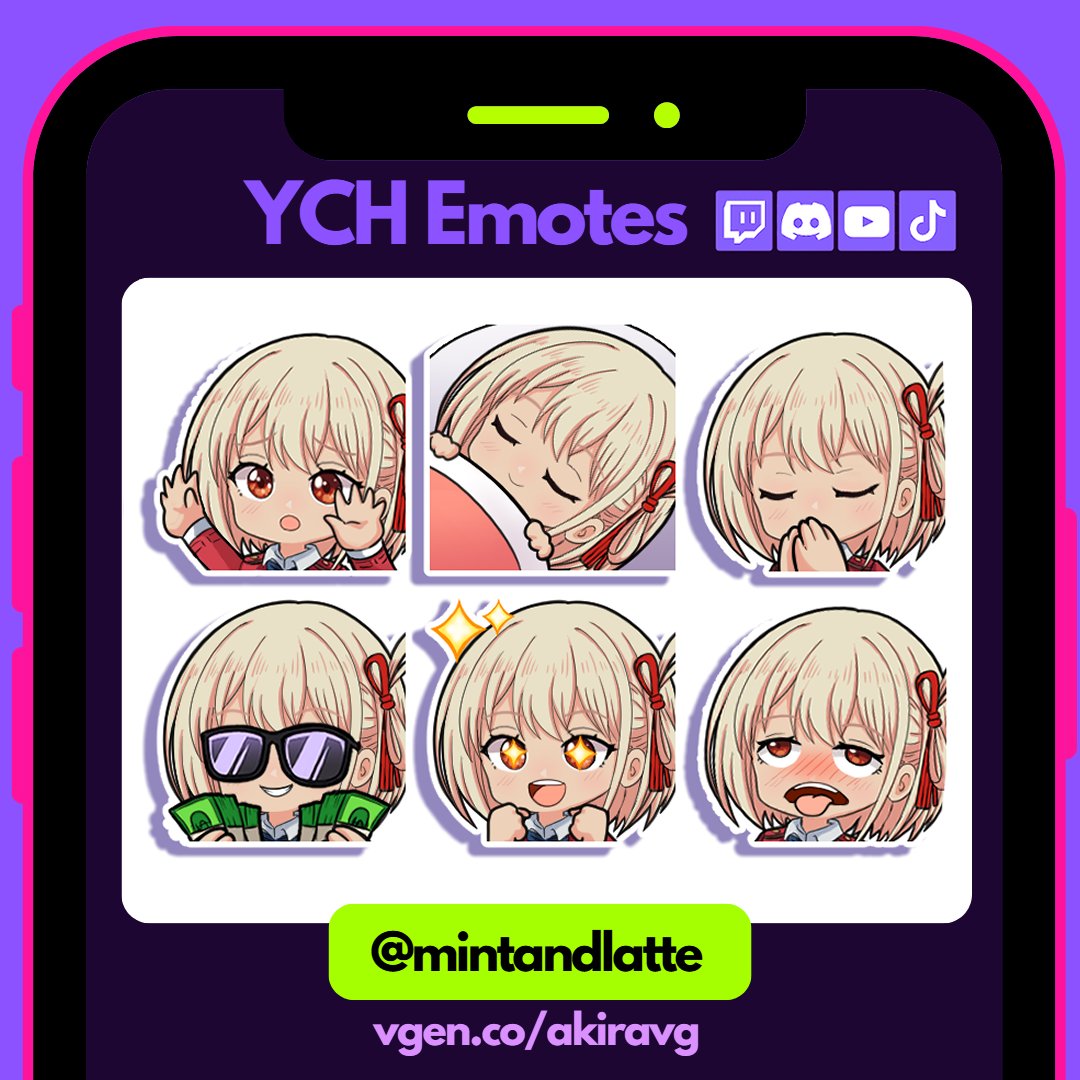 New YCH Emotes for mintandlatte          

#VGenComm #VGen #YCH #Emotes #TwitchEmotes #commission