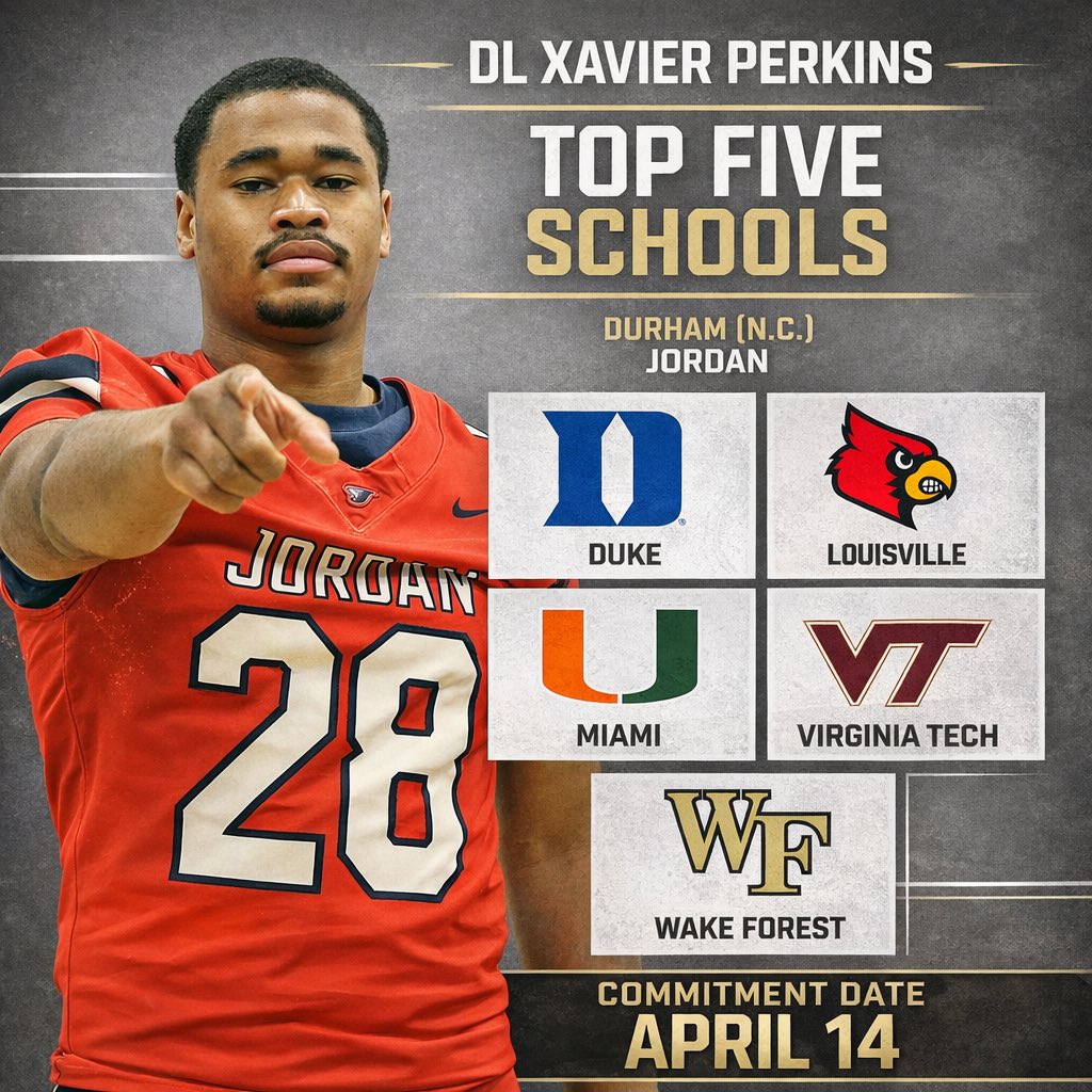 NEW: A top North Carolina DL is set to announce his commitment Tuesday. 

<a href="/Xman_Nextup/">Xavier Perkins</a> has narrowed his list to five schools after an accelerated recruitment this spring.

Read: on3.com/rivals/news/no…