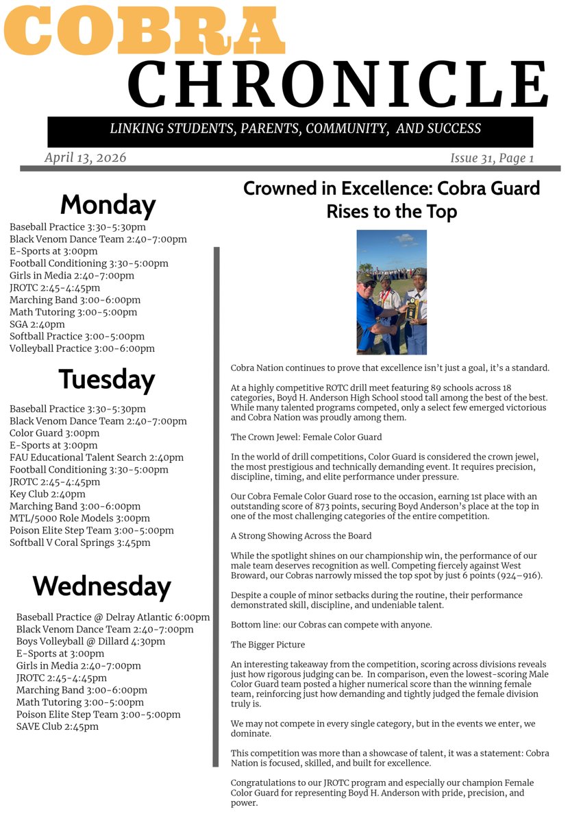 BAHSCobras's tweet photo. This week's edition of the Cobra Chronicle @JamesGriffin_II @MrsLehmanBAHS @GiaHRoberts @kionardra https://t.co/9PUNiuLzhi