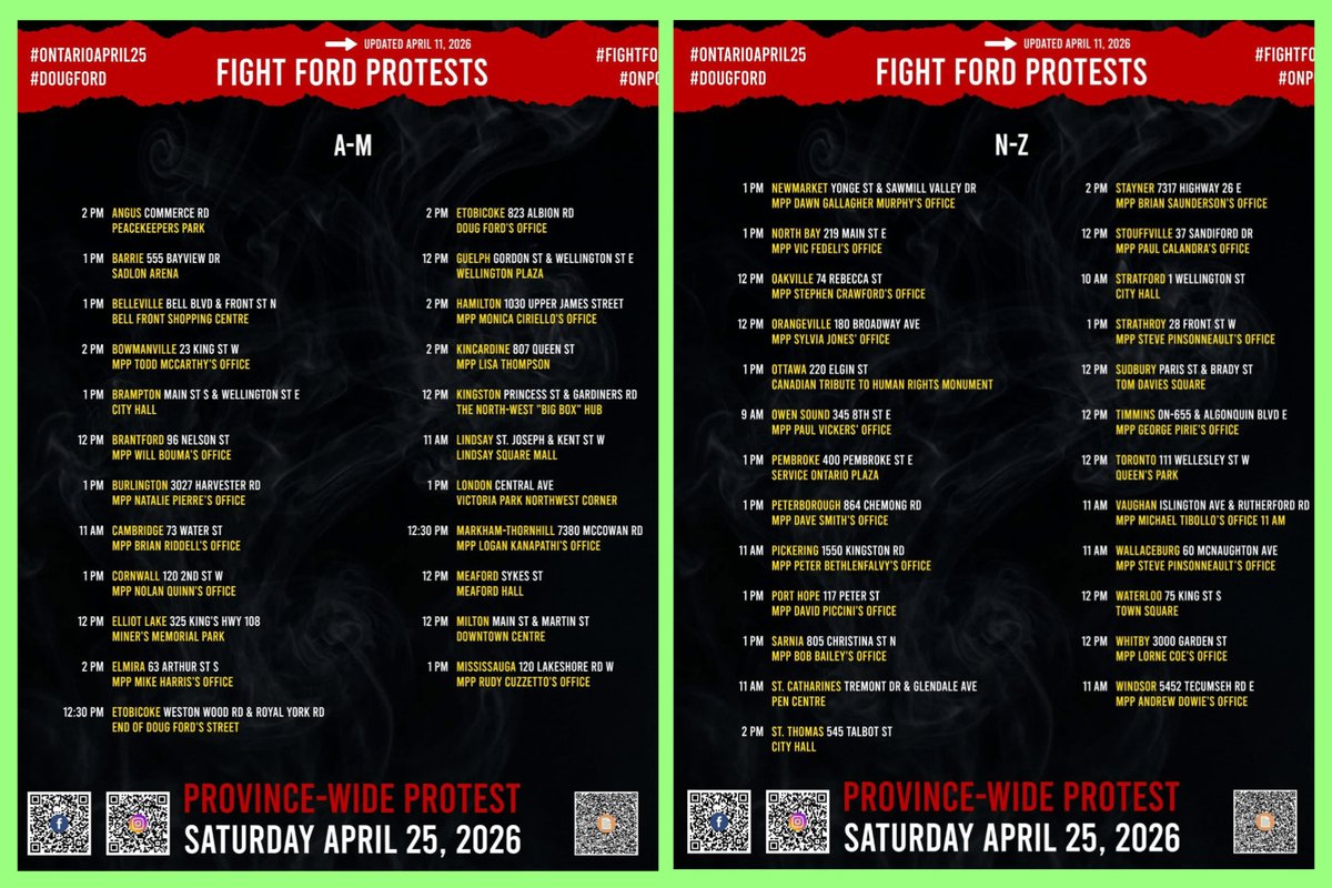 erinislearning's tweet photo. @realcdnrhetoric @WHOAFLIKR UPDATED PROVINCE WIDE FORD PROTEST LOCATIONS AS OF APRIL 11 - note new Barrie location #DougFord #FORDOUTNOW #FightFordProtests #ONTARIOAPRIL25 #Ontario #ONpoli https://t.co/rH8UmOAlCU
