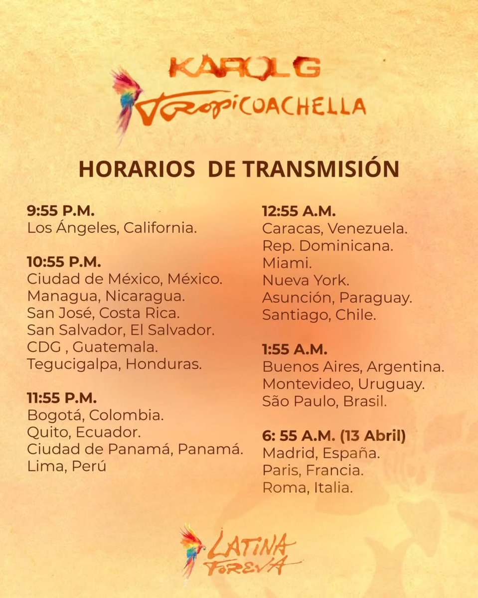 bichota_mexico's tweet photo. HOY ES EL DÍA 🦜🌴

Después de tanta espera… Por fin #Karolchella llegó 🔥

¡No te pierdas está gran fiesta latina!

🇨🇴 🇲🇽 🇩🇴 🇧🇷 🇵🇷 🇪🇨 🇳🇮 🇨🇱 ✨️

Te dejamos los horarios y recuerda que será transmitido por el canal de #coachella en #youtube 

https://t.co/muqbST4r9j https://t.co/4wDq0pGxQD