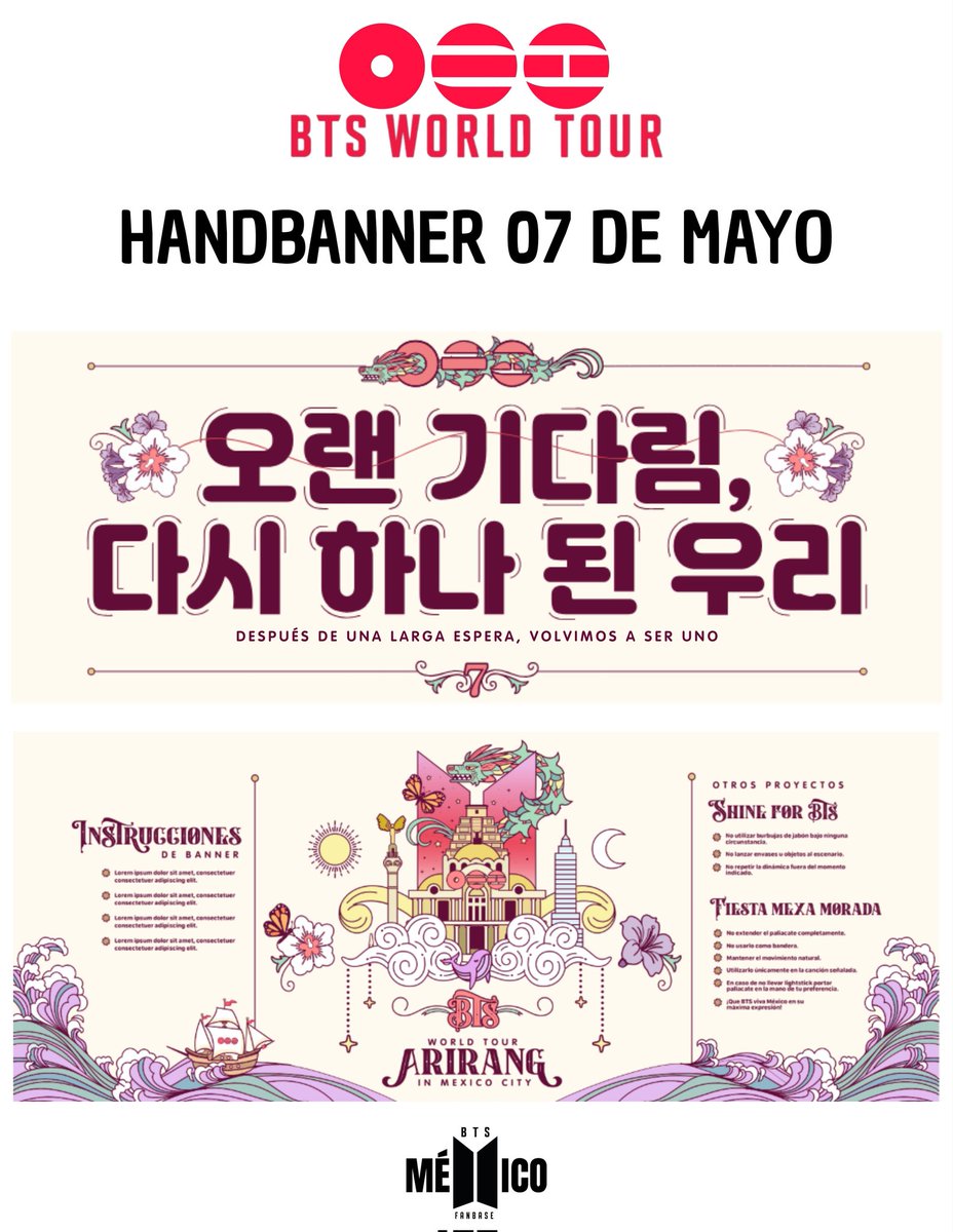 btsmexico_'s tweet image. FAN PROJECT 07 DE MAYO | BANNER
#ARMY con enorme alegría anunciamos el diseño ganador del Banner del día 07 de mayo, trabajo de Ana Narciso @/noyzee.art

Descripción de la diseñadora:
“Esta pieza es una carta de amor entre BTS y México, nacida del anhelo, la espera y la alegría