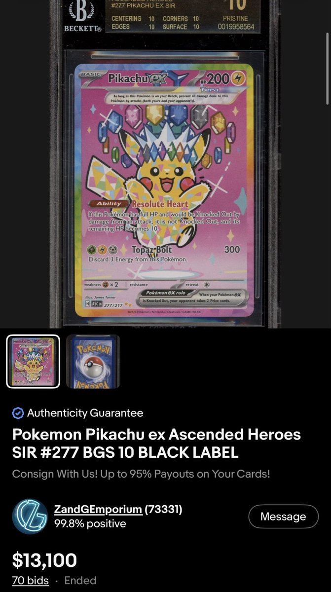 WildBukky's tweet photo. I’m normally a big BGS slab guy but this black label Pikachu from Ascended Heroes that sold earlier today might be the worst centered black label 10 I’ve ever seen https://t.co/luYnLnI2tJ