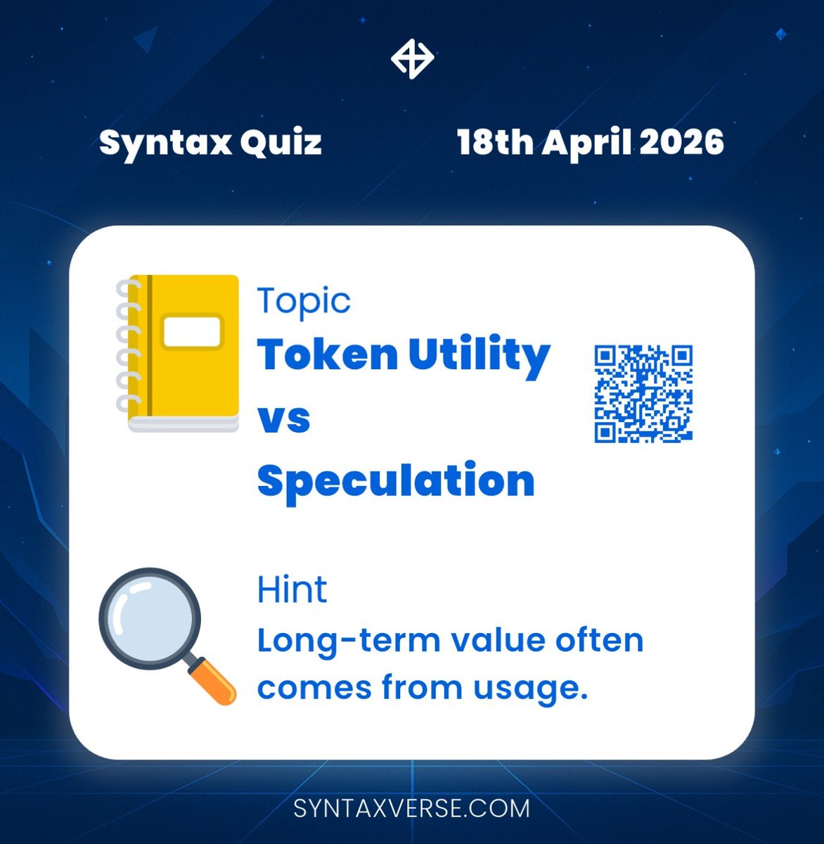 DAILY QUIZ ANSWER
    
📆 Date: 18th April 2026
📚 Topic: Token Utility vs Speculation 

🗝 Hint: Long-term value often comes from usage.

Got the answer❓💭
Don’t keep it to yourself, drop it in the comments and help someone out! 

Let’s turn learning into a team sport. 🤝