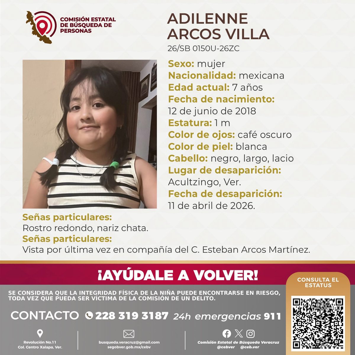 hoy_xalapa's tweet photo. ¡Desapareció en Acultzingo!

Solicitamos su colaboración para localizar a la niña Adilenne Arcos Villa, cualquier información, contactar al número y/o correo que aparecen al margen de este boletín. https://t.co/Df2bTZR5DW