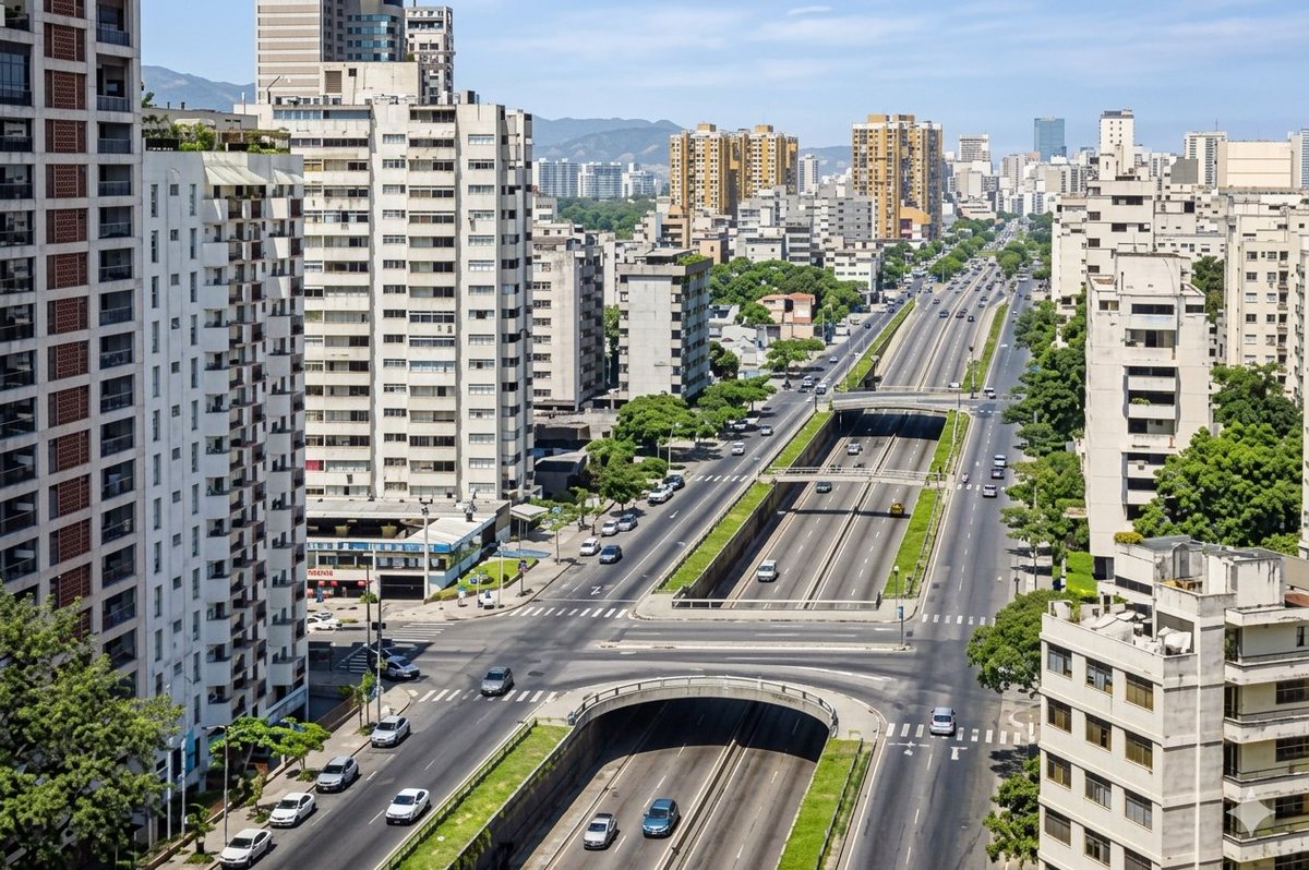 La Avenida Libertador en Caracas, 1970. En la fotografía aérea vemos una arteria vial moderna y consolidada, caracterizada por su estructura de dos niveles, tráfico fluido y modernas edificaciones. Ya se perfilaba nuestra capital como una ciudad progresista.