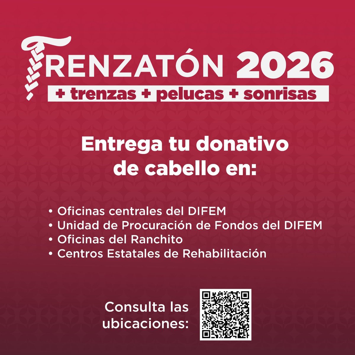 Edomex's tweet image. 😊✂️ Únete al #Trenzatón2026 y dona tu trenza de cabello para la creación de pelucas oncológicas. Un pequeño gesto de tu parte es una gran dosis de ánimo para quienes luchan contra el cáncer. ❤️🩹
#ElPoderDeServir