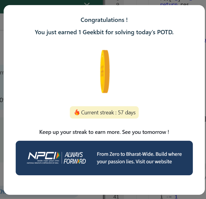 NareshPraj97599's tweet photo. 57POTD Challenge Completed on GeeksforGeeks! Current Streak: 57Day Earned: 1 Geekbit  #NPCI #geekstreak60 #geeksforgeeks #POTD https://t.co/74L0yPa0lC