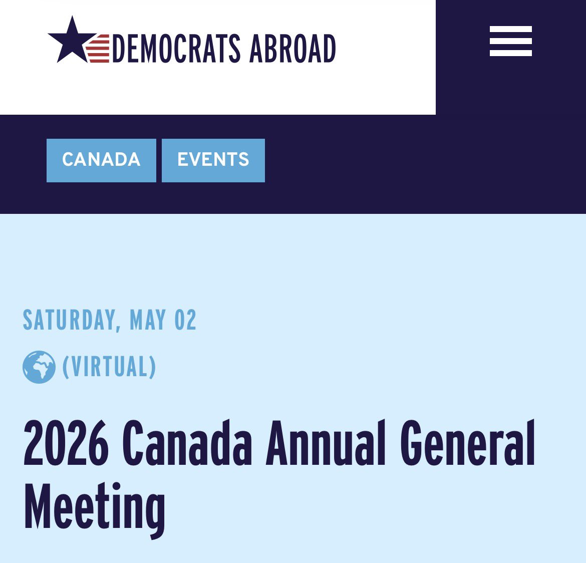 DemsAbroadCan's tweet photo. 2026 DA Canada Annual General Meeting

Democrats Abroad’s AGM will showcase our 2025 highlights, review our financial position and enjoy our guest speaker, Martha McDevitt-Pugh, #DemsAbroad International Chair.

Saturday, May 2 at 2PM ET
https://t.co/oiMsotexm6 #AmericansinCanada https://t.co/fA4jeGTQN9