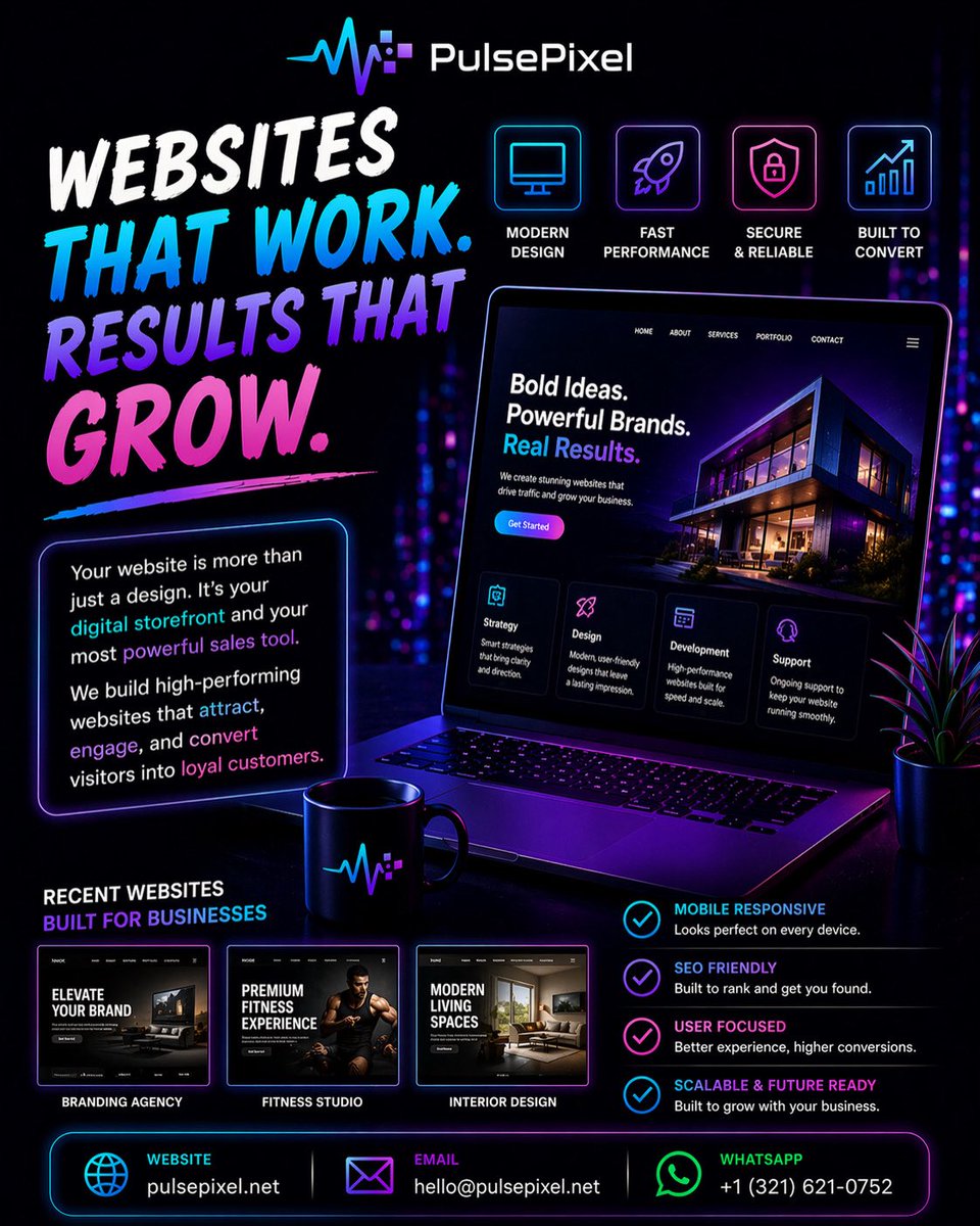 WePulsePixel's tweet image. Websites That Work. Results That Grow 🚀

🌐 pulsepixel.net
✉️ hello@pulsepixel.net
💬 WhatsApp: +1 (321) 621-0752

#WebsiteDesign
#WebDevelopment
#BusinessGrowth
#ConversionRate
#PulsePixel