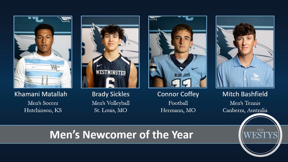 WC_BlueJays's tweet photo. 🌟The Westy Award Finalists🌟
*Men’s Newcomer of the Year*
Khamani Matallah
Brady Sickles
Connor Coffey
Mitch Bashfield https://t.co/jovSq5Qouj