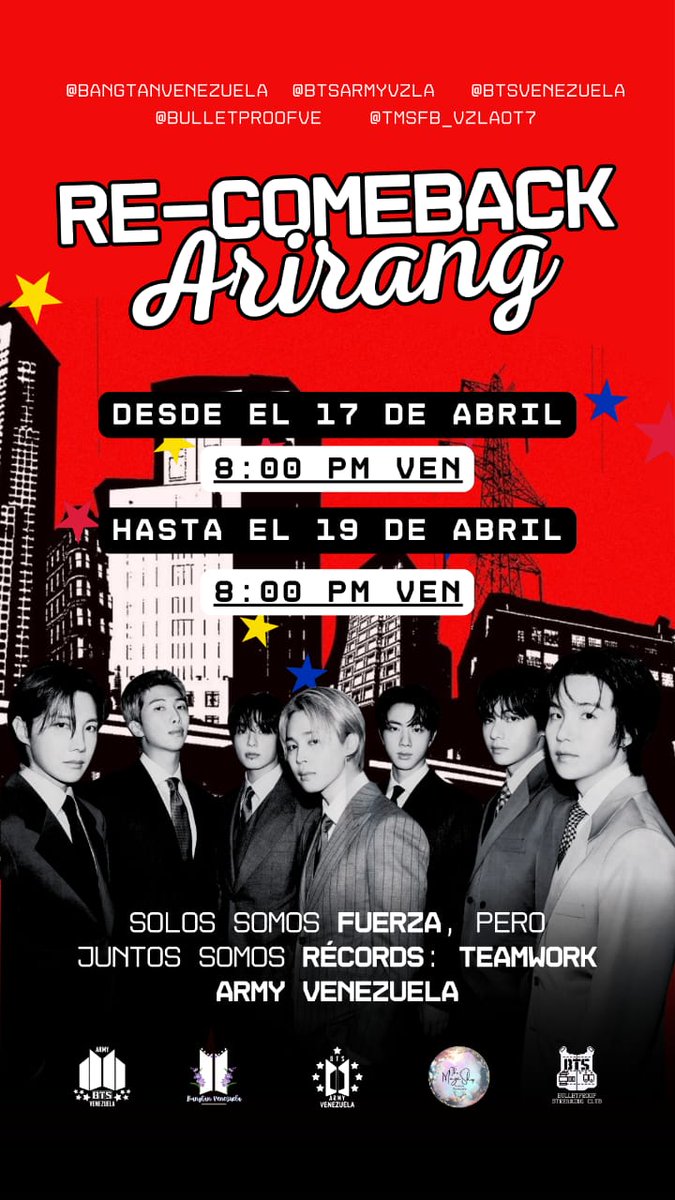 RE-COMEBACK ARIRANG 🇻🇪

VE-ARMY únete al RE-COMEBACK de ARIRANG! Desde el 17 de Abril hasta el 19 de Abril

Mantengamos a los Reyes en los tops de Venezuela 👑 

Solos somos fuerza, pero juntos somos Récords: Teamwork ARMY Venezuela 💜

#BTS #RECOMEBACK_ARIRANG #ARIRANG