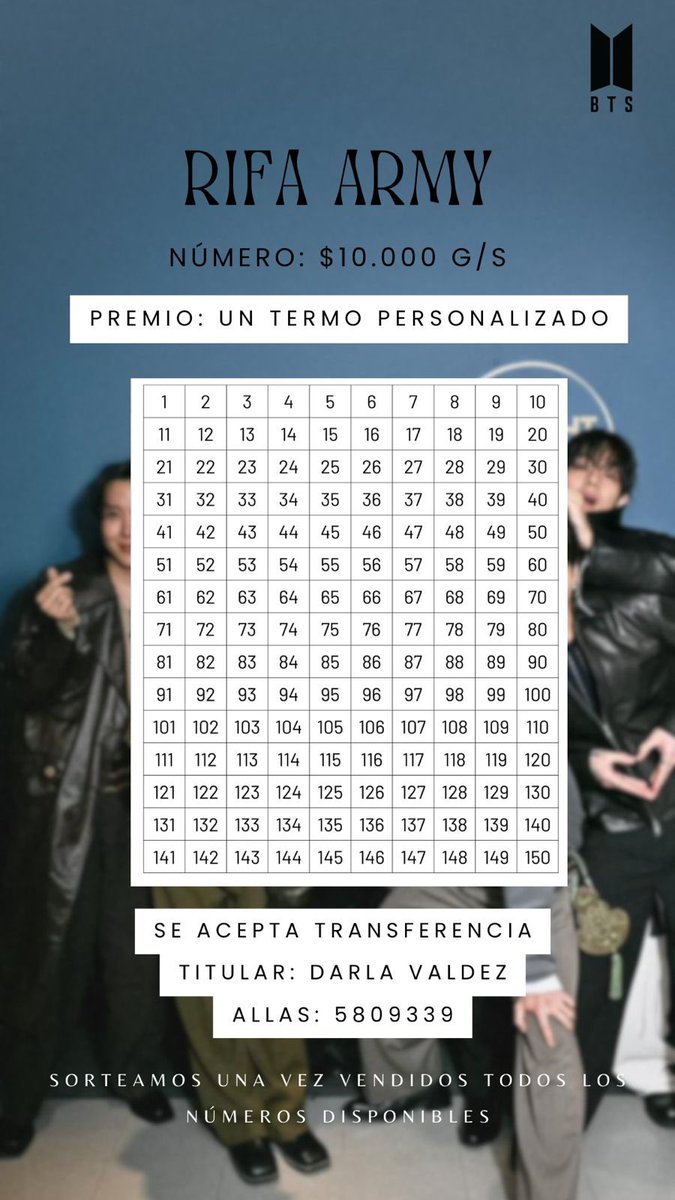 ¡Army amigas y Armys de Paraguay! 🇵🇾

Estoy vendiendo estas rifas para poder solventar los gastos para el viaje del show de BTS. 
Realmente es la primera vez que estoy haciendo esto🥹 así que tengo un poquito de miedo pero acá les va, ya vi que algunas se están ayudando también+