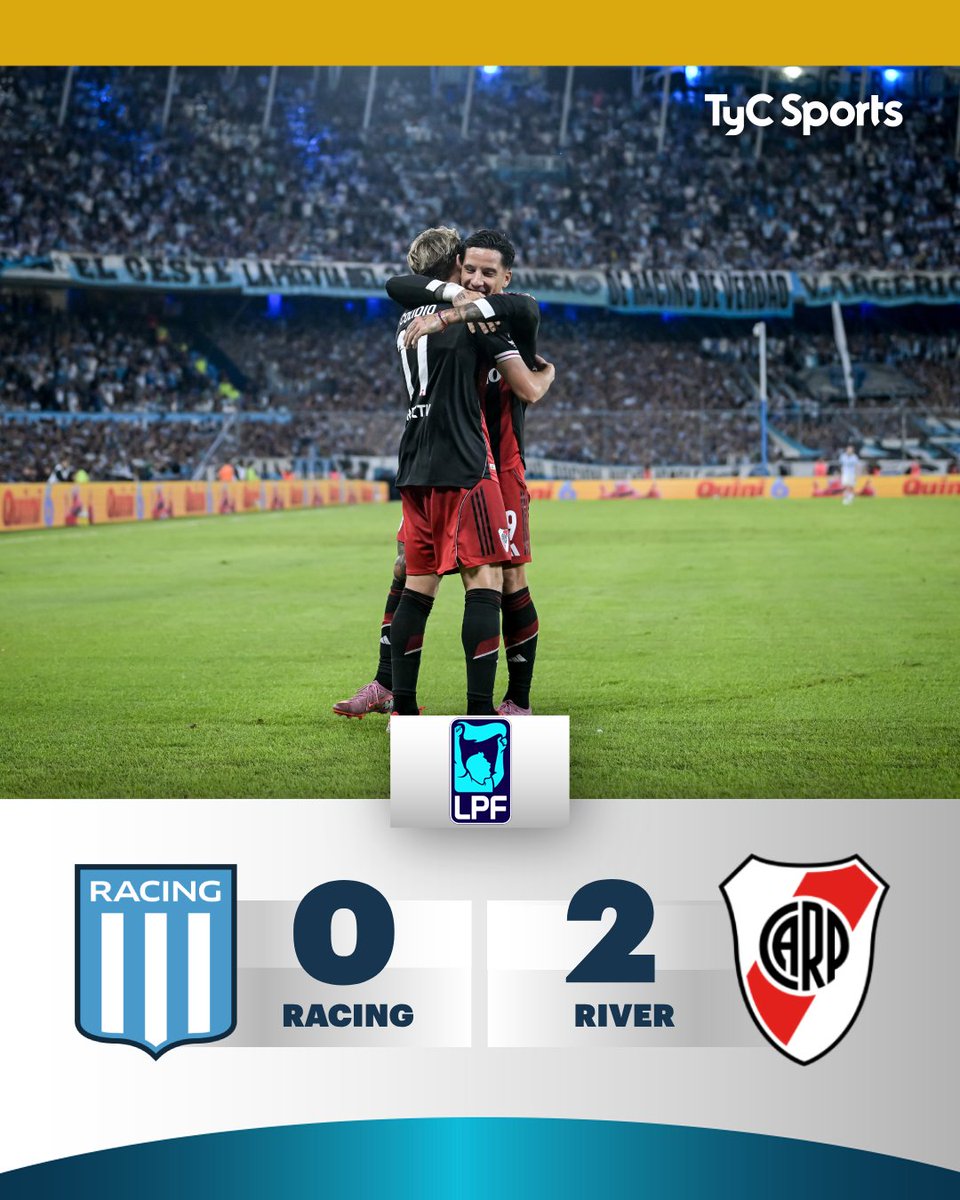 TyCSports's tweet image. ⚪🔴 ¡TRIUNFO MILLONARIO EN EL CILINDRO EN LA PREVIA AL SUPLERCLÁSICO CON BOCA! ✔️ 

Por la fecha 14, #River le ganó 2-0 en su visita a #Racing, gracias a los goles de Facundo Colidio y Sebastián Driussi. Marcos Rojo fue expulsado en la Academia, que quedó afuera de puestos de