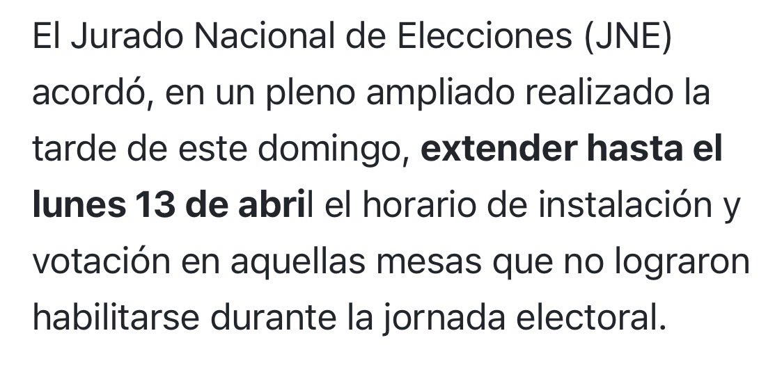 osumar's tweet photo. Lamentablemente, esto no soluciona el problema principal: la gente que no pudo votar por retrasos en la instalación de las mesas 

Me temo que esto solo generará la impresión de “regularidad”, cuando el daño ya está hecho. Algunos dirán “peor es nada”, pero no lo creo… https://t.co/ax77xBIHwM
